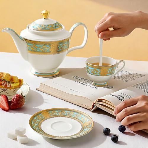 Luxury White & Gold Embossed Tea Cups and Saucers with Teapot, Sugar Bowl, & &Creamer, Vintage European Porcelain Coffee Set for Tea Party, Wedding, Gift (Teal, 17pcs/set) - Image 2