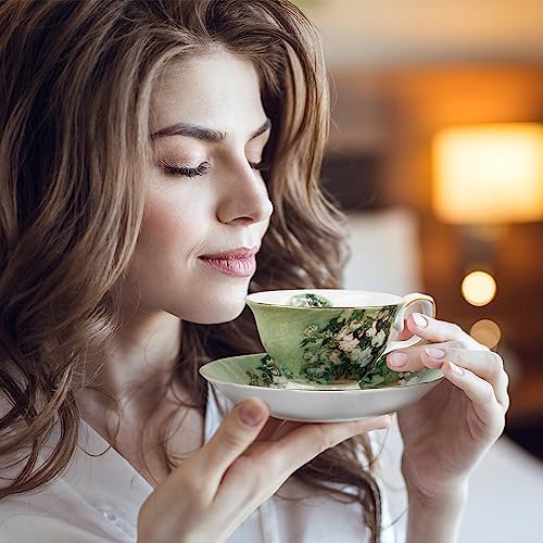 Floral Tea Cups Saucers Set of 2, Vangogh Paintings Bone China 7 oz British Teacups Porcelain Tea Cups Coffee for Rose Teacups Cappuccino Espresso Latte (White Roses & Flowers Vase) - Image 6