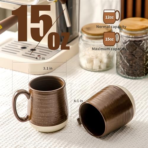 HASENSE Ceramic Coffee Mug Set of 4, 15 oz Coffee Cups with Big Handles, Large Latte Mugs for Men and Women, Christmas Cups for Tea, Hot Cocoa, Latte, Cappuccino, Dishwasher Microwave Safe, Brown - Image 3