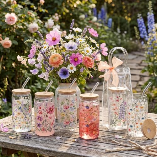 Mumufy 6 Sets Fresh Wildflower Glass Cups with Lids Straws Bulk Gift, 16 oz - Image 5