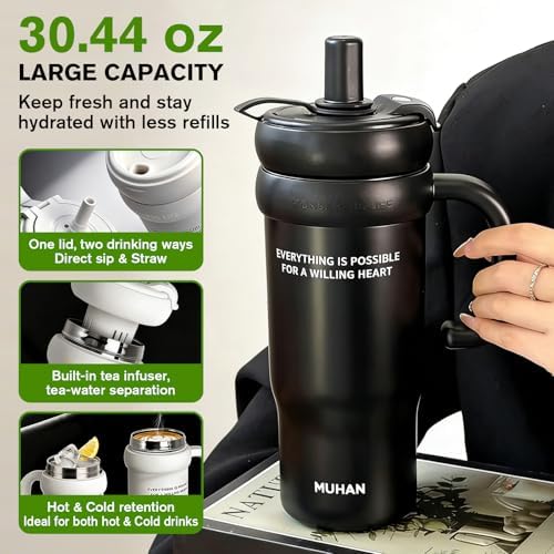 MUHAN 30oz Insulated Tumbler with Handle, Stainless Steel Water Bottle, Travel Mug (Moon White-Ceramic inner（Lid+tea strainer+Straw+handle）, MUHAN 30oz Insulated Tumbler with Handle) - Image 4