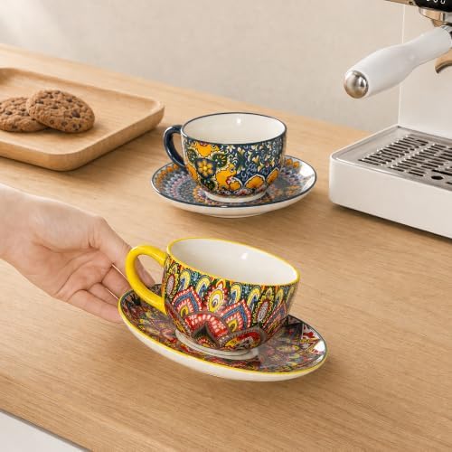 Henten Home 8.5 oz Ceramic Cappuccino Cups, Latte Cup with Saucers Set of 2 - Image 7