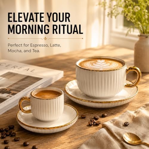 Espresso Cups with Saucers, Set of 6, Stackable Demitasse Coffee Cups with Gold Trim, Lead-Free Ceramic Cappuccino Mugs for Coffee Bar, Latte, Mocha, Tea - Modern Home Cafe (3, Fluid Ounces) - Image 5