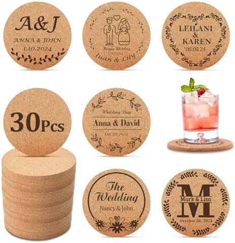 30 Pcs Personalized Cork Coasters for Wedding Favors and Business by Syntix