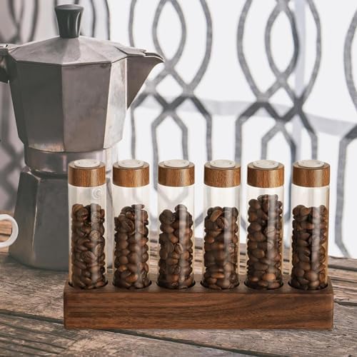 Coffee Storage Jar Airtight Glass Canister Tube Wooden Display Stand Single Dose Vial Funnel Sealed Organizer Suitable for Kitchen Restaurant B, 6 Hole 22g - Image 5