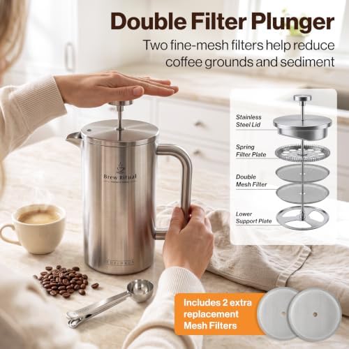 EDELHAUS Stainless Steel French Press Coffee Maker - Plastic-Free, 34 oz - Image 5