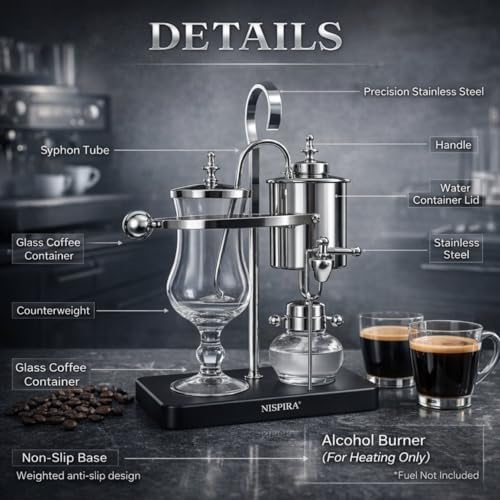 Nispira Belgian Balance Syphon Vacuum Coffee Maker, 500 ml Vintage Gravity Brewing System, Silver Finish, Manual Tabletop Coffee Brewer - Image 4