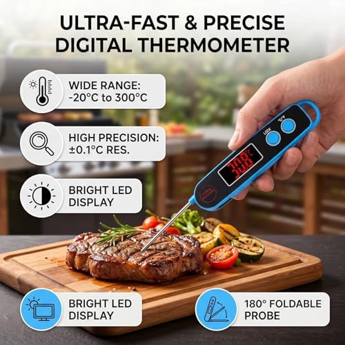 banapoy Digital Meat Thermometer, Read Food Thermometer, Real Time Food Temperature Probe with Bright LED Display and Wide Range, for BBQ Kitchen Grilling Baking Frying (Blue) - Image 3