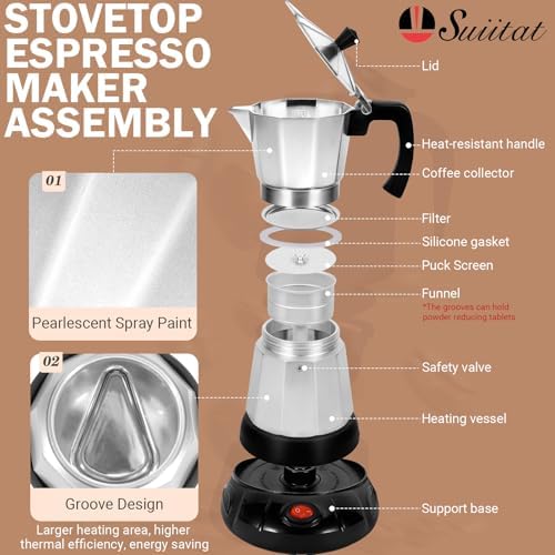 Electric Moka Pot, 3 or 6 Cup Espresso Coffee Maker, Silver - Image 2
