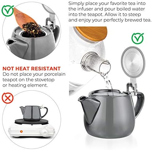 Tealyra - Pluto Porcelain Small Teapot Grey - 18.2-ounce (1-2 cups) - Unique Finish - Stainless Steel Lid and Extra-Fine Infuser To Brew Loose Leaf Tea - 540ml - Image 4