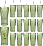 16 Set Vintage Tumbler with Lid and Straw, Iced Coffee Cup, Green by Acellegic