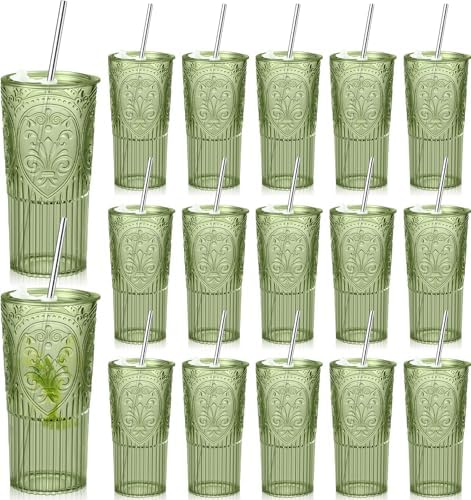 16 Set Vintage Tumbler with Lid and Straw, Iced Coffee Cup, Green by Acellegic