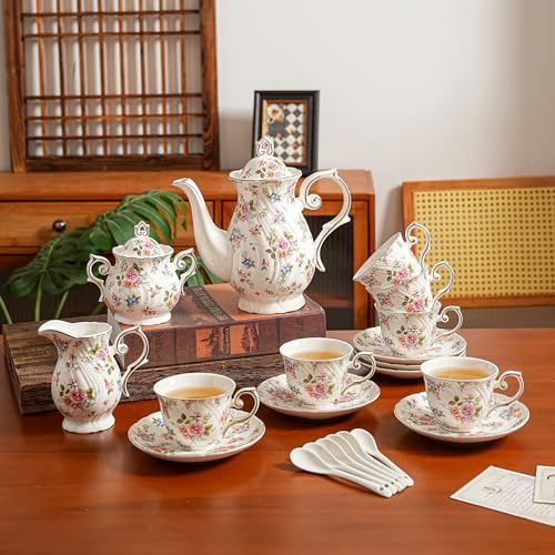 Agyiuns Tea Set 21Pcs ceramic 6 tea cups and saucers, sugar and creamer set,Teapot for Adults,Tea Party (small crushed flower) - Image 7