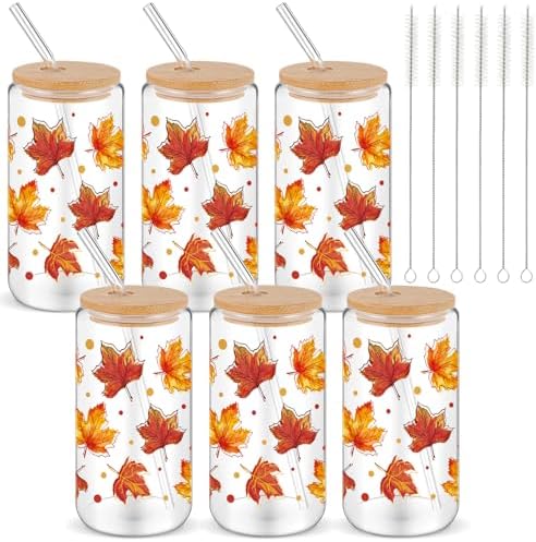 6 Pack Fall Maples Glass Cups with Lids and Straws 16oz by Yetene