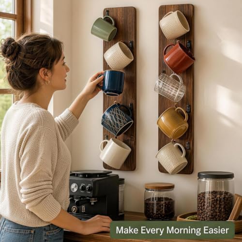 Wooden Coffee Mug Holder Wall Mount, Practical Mug Rack Wall Mounted, 2 Pack 12 Hooks Storage Shelf for Home Office Dining Room Kitchen Bar - Image 5
