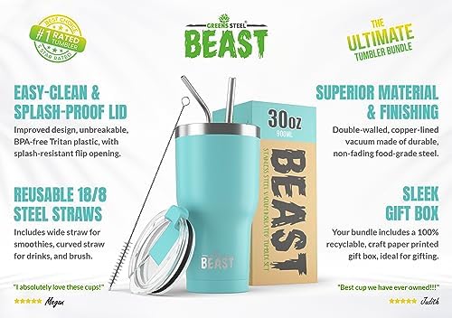 Beast 30 oz Tumbler Stainless Steel Vacuum Insulated Coffee Ice Cup Double Wall Travel Flask (Aquamarine Blue) - Image 2