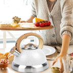3 Quart Stainless Steel Whistling Tea Kettle – Natural Stone Finish Teapot with Cool-Touch Wood Handle, Loud Whistle & Rust-Resistant Base(white) - Image 2