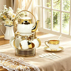 Porcelain Tea Set, Large Ceramic Tea Set for Adults with Metal Holder, 20 Pcs European Tea Cup Set, Luxury Adult Tea Sets Gift, Gold Trim Tea Cup Saucer Sets for Party Deco,1000ML (Gold Trim) - Image 6