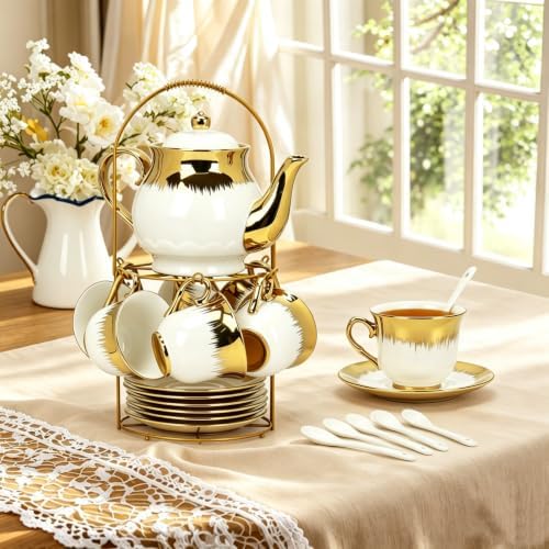 Porcelain Tea Set, Large Ceramic Tea Set for Adults with Metal Holder, 20 Pcs European Tea Cup Set, Luxury Adult Tea Sets Gift, Gold Trim Tea Cup Saucer Sets for Party Deco,1000ML (Gold Trim) - Image 6