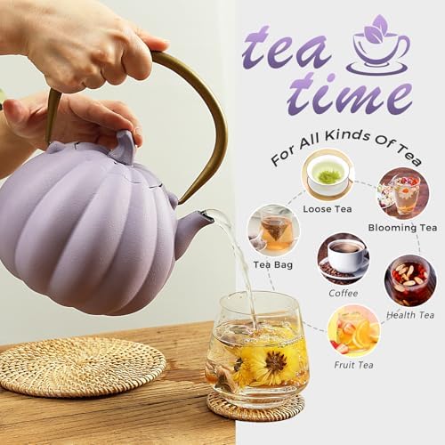 Pumpkin Cast Iron Teapot with Infuser - 40oz Japanese Iron Tea Kettle with Enamel Interior, Cute Halloween Teapot for Loose Tea & Coffee, Stainless Steel Filter, Stove Safe (Purple) - Image 5