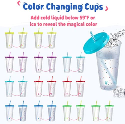 Meoky Confetti Color Changing Cups with Lids and Straws for Iced Coffee, Party, Pool - 12 Pack 24oz Reusable Plastic Tumblers for Kids and Adults - Image 2