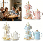 DEARART Luxury Ceramic Tea Set, 1 Teapot & 6 Cups & Serving Tray & Cup Shelf, Handle Porcelain Coffee Tea Service Set, Elegant Pink Tea Cup Set for Home Kitchen, Afternoon Tea etc - Image 6