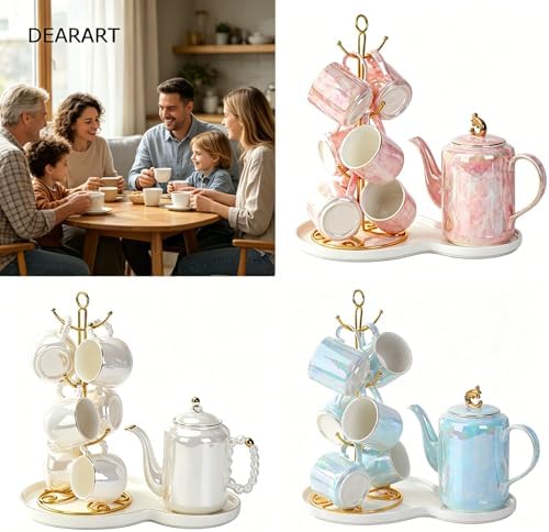DEARART Luxury Ceramic Tea Set, 1 Teapot & 6 Cups & Serving Tray & Cup Shelf, Handle Porcelain Coffee Tea Service Set, Elegant Pink Tea Cup Set for Home Kitchen, Afternoon Tea etc - Image 6