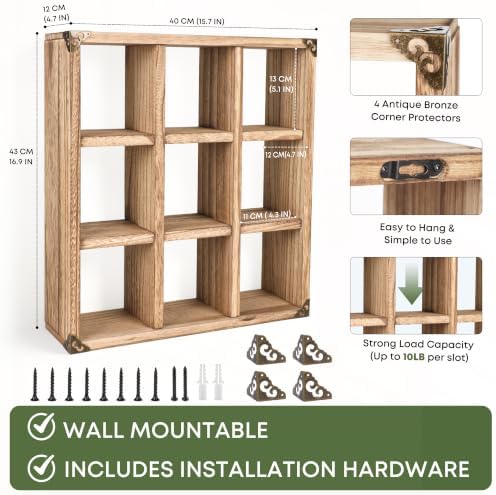9 Slot Coffee Mug Display Rack - 17in Wall Mounted(Brown) - Image 2