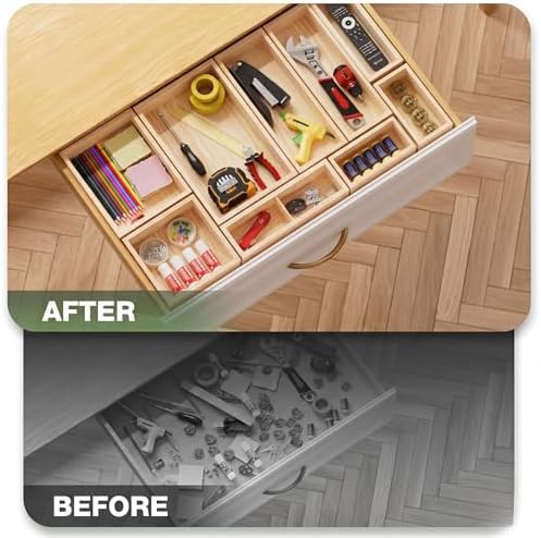 9-Pack Solid Wood Junk Drawer Organizer, Modular Desk Drawer Tray & Accessories with Non-Slip Pad, Multi-Use for Kitchen, Office, Bedroom Dresser, Utensil, Makeup, Stationery, Tea Bags & Coffee Pod - Image 5
