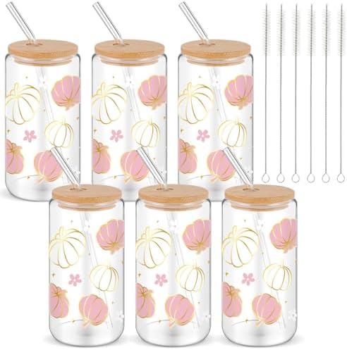6 Pack Fall Pink Pumpkin Glass Cups with Lids and Straws 16oz by Yetene