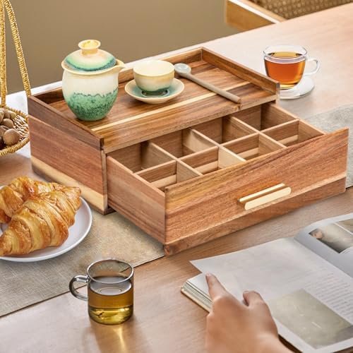 Tea Bag Organizer, Acacia Wood Tea Organizers and Storage Box, Tea Bag Holder Station Caddy Container for Countertop, Tea Accessories Gift Box with Drawer - Image 6