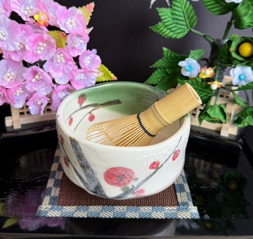 Japanese Traditional Mino Ware Handcrafted Mini Matcha Chawan Tea Bowl Cup Set with Chasen Bamboo Tea Whisk Ceremony Tableware Pottery (Oribe Ume) - Image 6