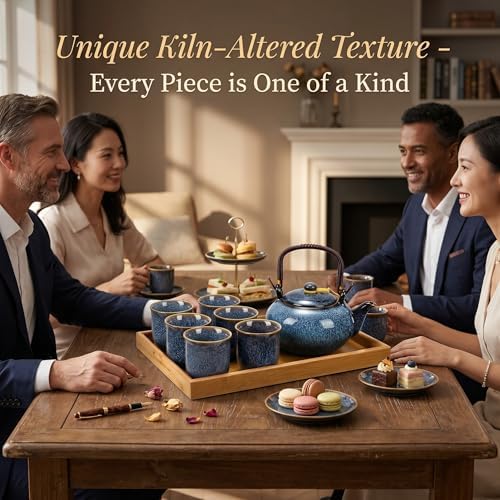 Layhit Japanese Asian Tea Set for Adults with 1 Teapot 6 Cups 1 Tray, 22 oz Traditional Portable Japanese Kiln Altered Glaze Porcelain Tea Set for Women Mother's Day Gifts(Blue) - Image 3
