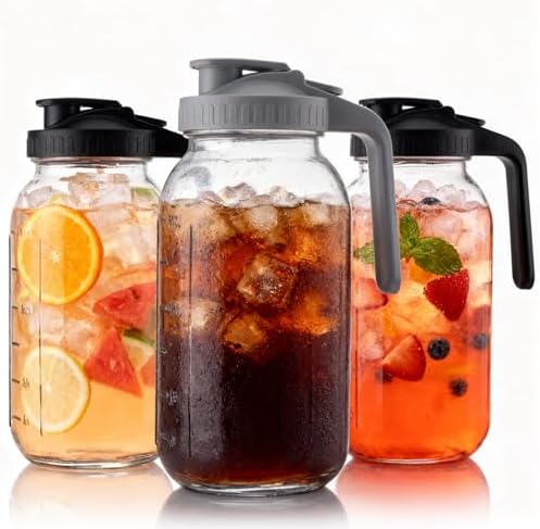 3 Pack 64 oz Pitchers with Lids, Half Gallon Glass Drink Pitchers by Nobityop