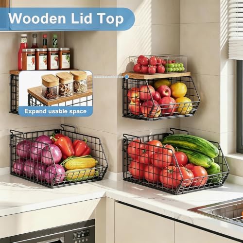 Potato and Onion Storage Bin with Wooden Top, 2-Tier Stackable Wire Basket - Image 3