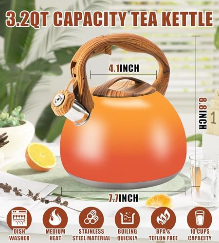 3.2Qt Stainless Steel Whistling Tea Kettle Stovetop, Orange - Image 3