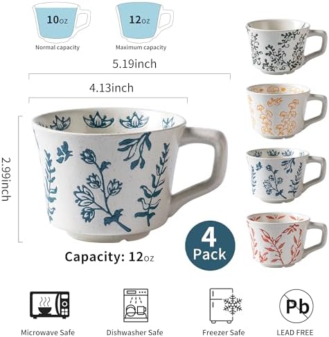 Ceramic Mugs 11 oz Unique Luxurious Cups Set of 4, Mug for Coffee Milk Latte Cappuccino Tea, Office Home Dishwasher Microwave Freezer Safe Stoneware Handmade Minimalist Mixed Cup - Image 2