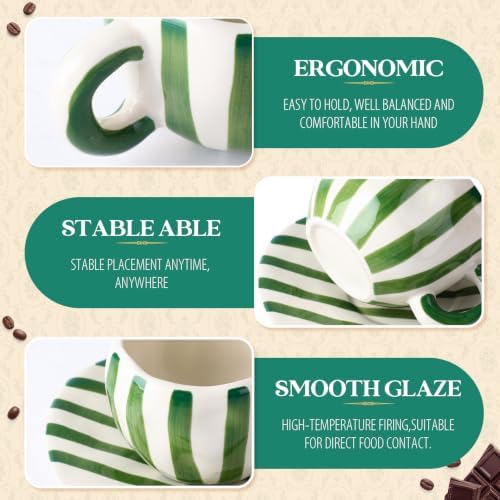 3 Pack Striped Ceramic Coffee Mug and Saucer Set, 12 oz - Image 5