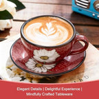 8 Oz Floral Porcelain Cappuccino Cups with Saucers Set of 4, Stoneware Tea Coffee Mugs for Home Kitchen & Office, Dishwasher Microwave Oven Safe, for Espresso, Latte, Americano, Milk & Tea, Mix - Image 6