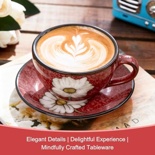 8 Oz Floral Porcelain Cappuccino Cups with Saucers Set of 4, Stoneware Tea Coffee Mugs for Home Kitchen & Office, Dishwasher Microwave Oven Safe, for Espresso, Latte, Americano, Milk & Tea, Red - Image 6