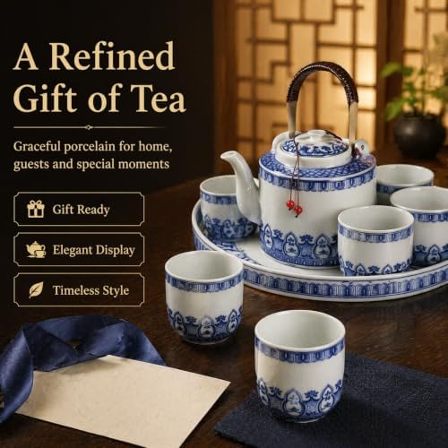 Jingdezhen Blue and White Ceramic Tea Set, Traditional Chinese Porcelain Teaset with 1 Teapot, 6 Teacups, Ceramic Tray, Stainless Steel Infuser & Gift Box - Image 6