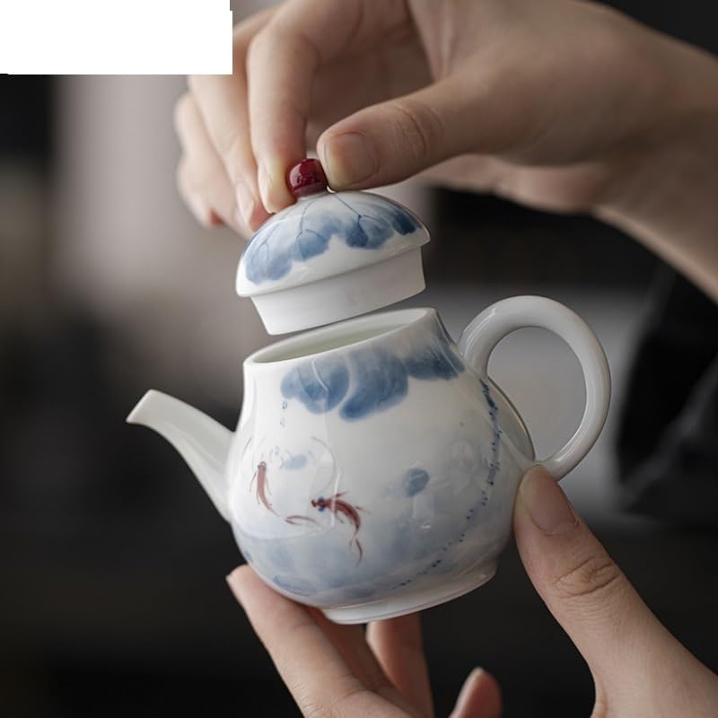 Tea Kettle 145ml Hand-Painted Fish Play Lotus Pond Teapot Pure Handmade White Porcelain Zen Pot Tea Maker Kettle Cha Accessories Ornaments Loose Leaf Tea Steeper Ceramic Tea Infuser - Image 3