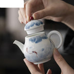 Tea Kettle 145ml Hand-Painted Fish Play Lotus Pond Teapot Pure Handmade White Porcelain Zen Pot Tea Maker Kettle Cha Accessories Ornaments Loose Leaf Tea Steeper Ceramic Tea Infuser - Image 3