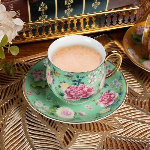 KAMMAK Tea Cup and Saucer, Ceramic Coffee Cups, 7.1 oz, Set of 2 - Image 5