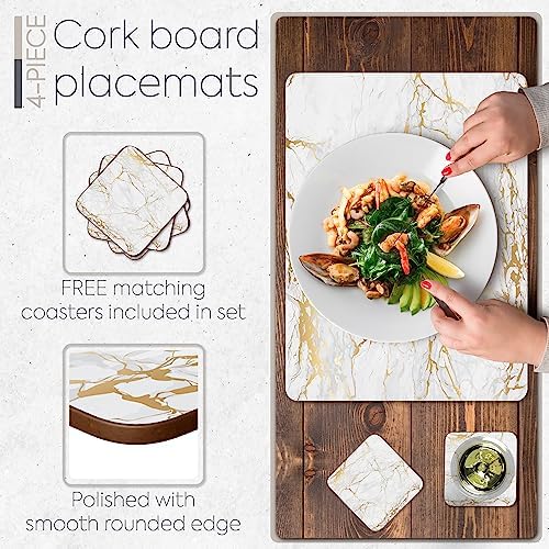 Set of 4 Heat Resistant Cork Placemats for Dining Table with Free Set of 4 Matching Drink Coasters Marble Design 16 x 12 Inches Cork Backed Hard Placemats (Foiled Gold) - Image 4