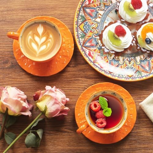 Ceramic Tea Cups and Saucers Set of 6 (7 oz),Ceramic teacup set,Bohemian Ceramic Coffee Cup embossed design,Suitable for tea, milk, coffee - Image 4