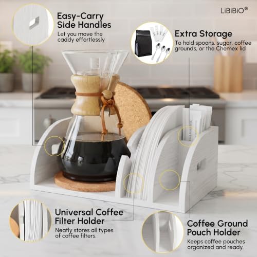3-in-1 Chemex Caddy with 2 Cork Mats, Coffee Filters/Accessories Organizer, Pour-Over Station, White Bamboo - Image 4