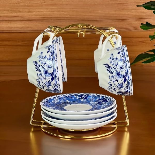 Blue and White Porcelain Coffee Cup and Saucer Set - Image 4