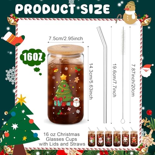 12 Pack Christmas Glass Cups Gifts, 16 oz Xmas Glass Tumbler, Classic Style - Image 2