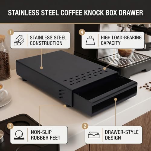 Espresso Coffee Knock Box Drawer, Removable Rubber Strike Wood Pole Coffee Knock Box Drawer, Stainless Steel Coffee Powder Box Non Slip Base (Black) - Image 4